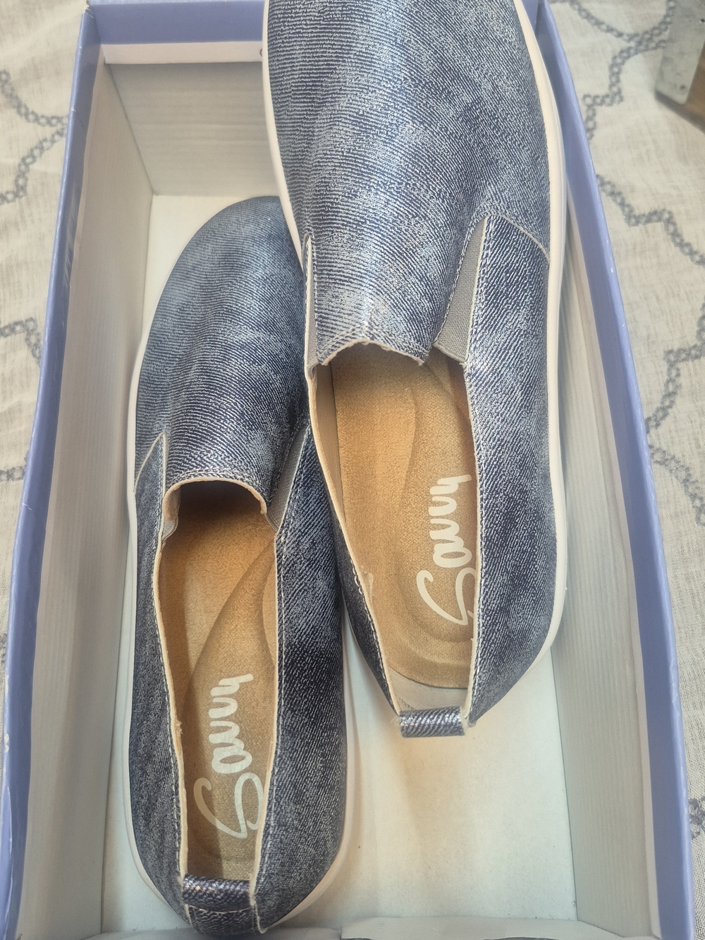 Savvy Denim-Textured Slip-On Moccasins in Faded Blue